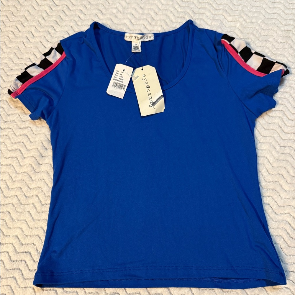Eye Candy Vivid Blue Tee with Striped Sleeves